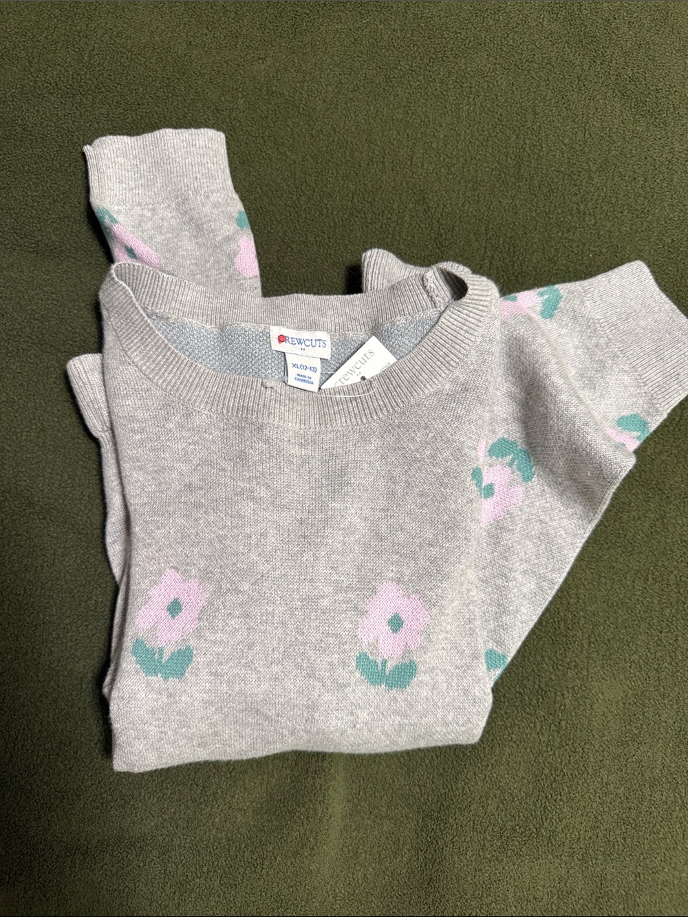 NWT Crewcuts Gray Knit Crewneck Sweater with Pink & Green Flowers 12 13 year